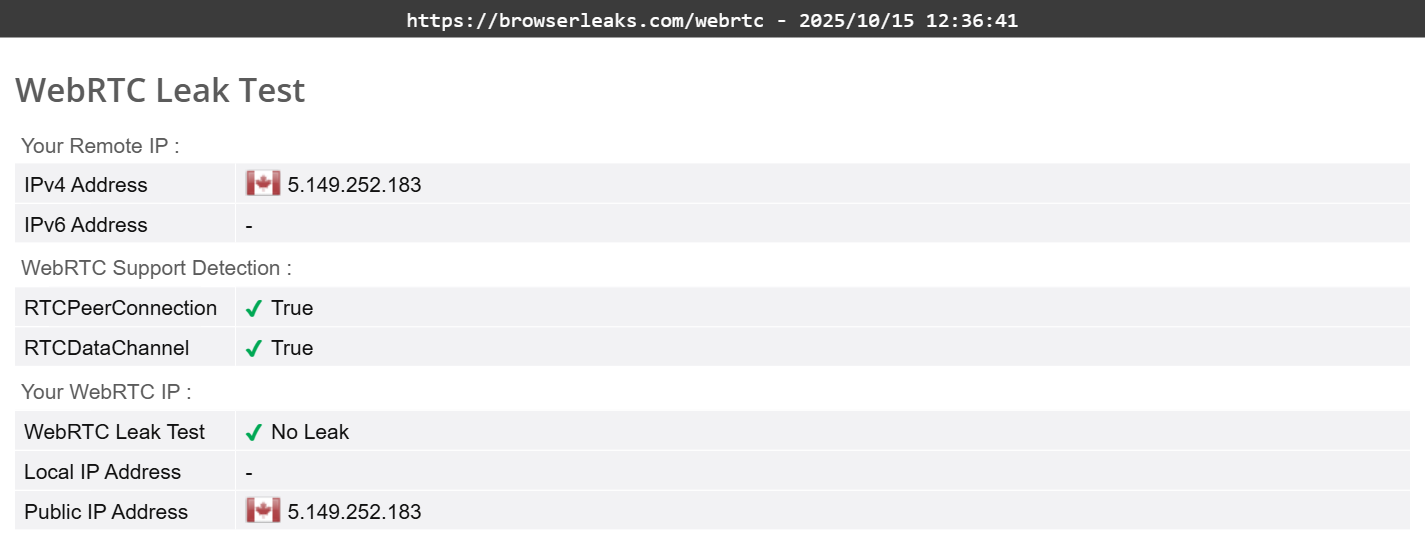 Whoer VPN's WebRTC leak test results (passed)