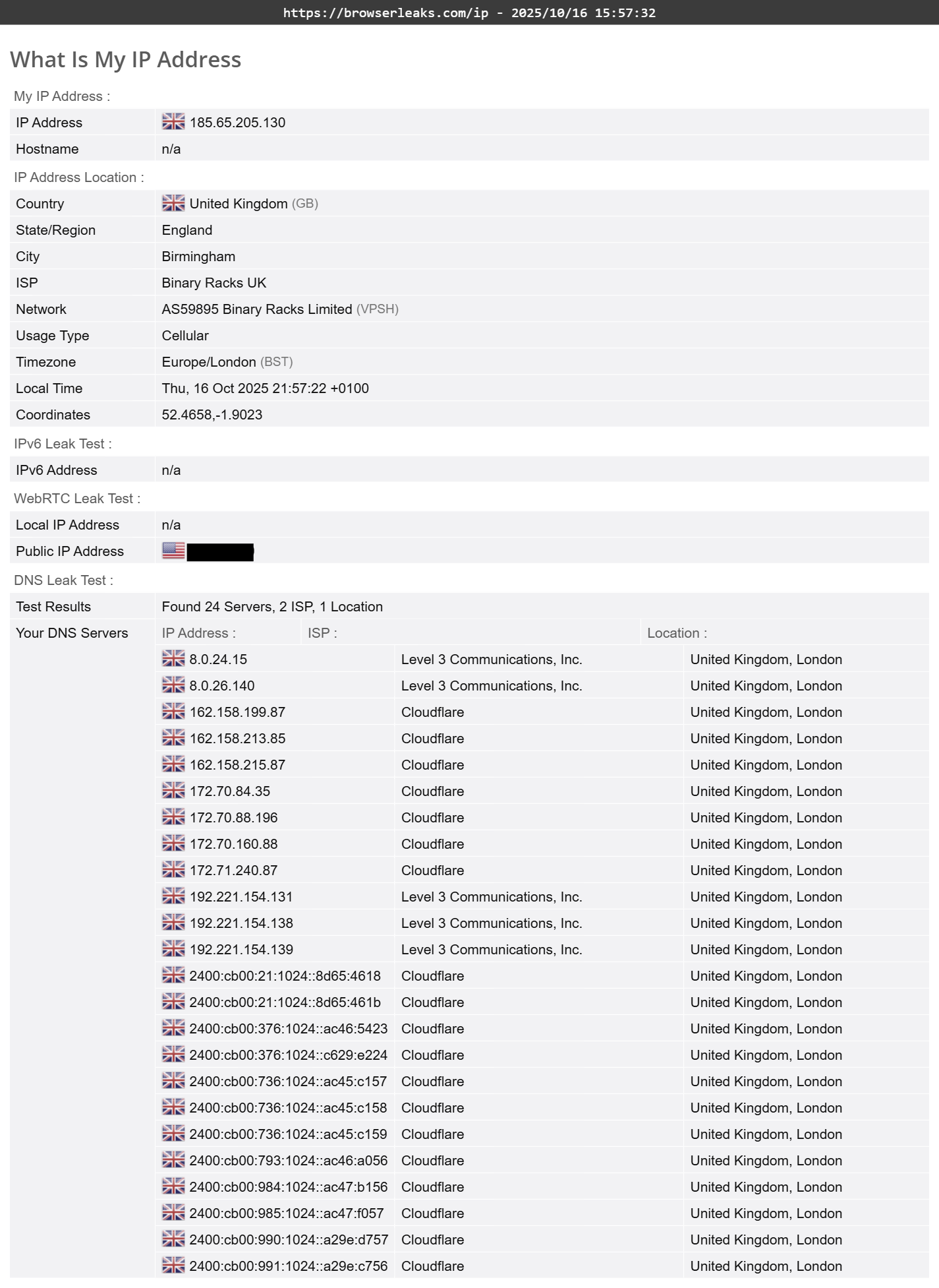 Astrill VPN DNS leak test results (passed)