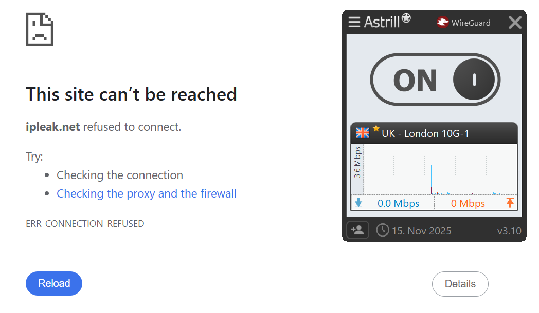 Astrill VPN's kill switch test results (failed)