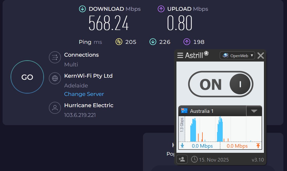 Speed test results for Astrill VPN while connected to a server in Adelaide (568.24 download, 0.80 upload, 205 latency)