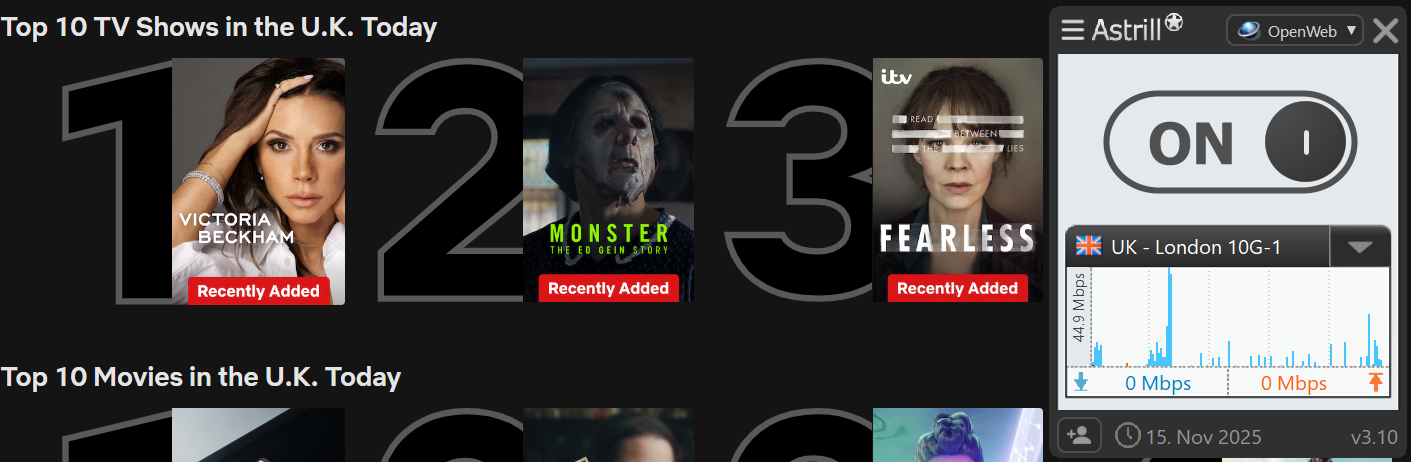 Netflix list of top shows in the U.K. today with Astrill VPN in the foreground