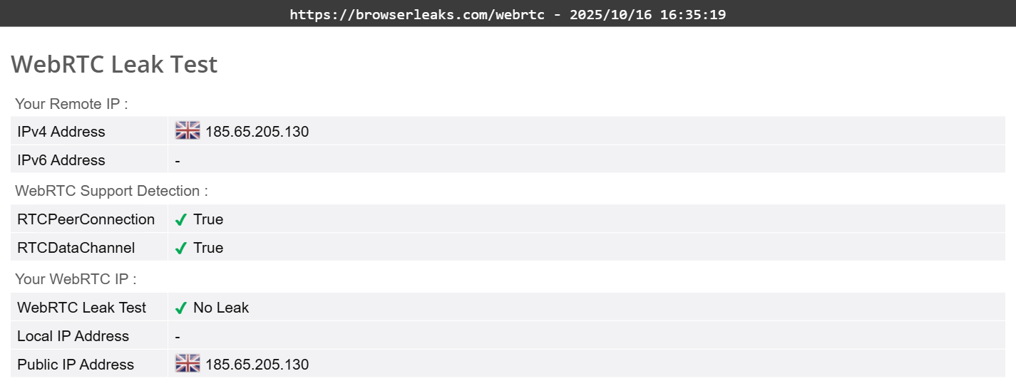 Astrill VPN WebRTC leak test results (passed)
