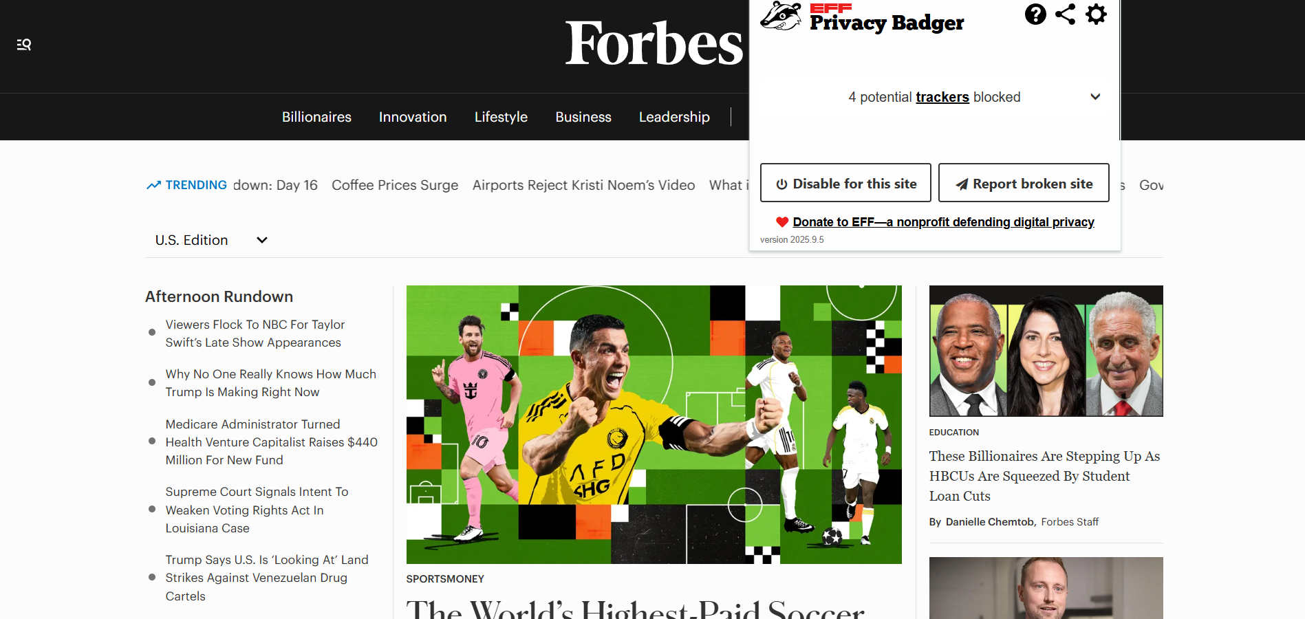 Forbes homepage with Privacy Badger extension open in the foreground