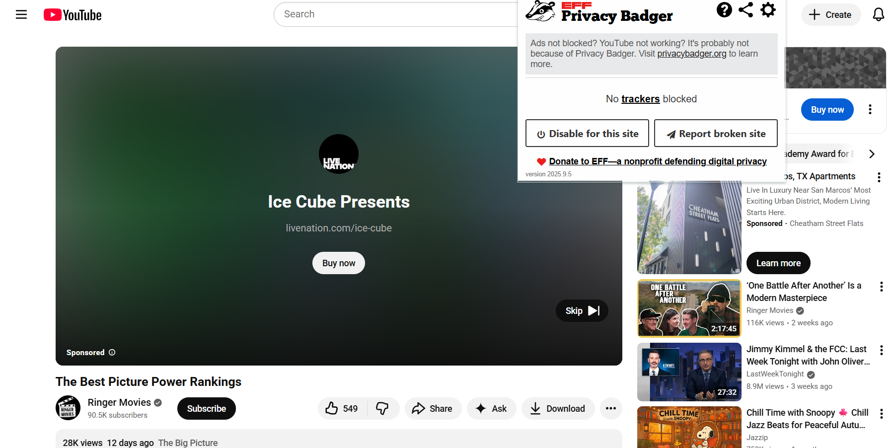 A YouTube video ad with Privacy Badger extension open