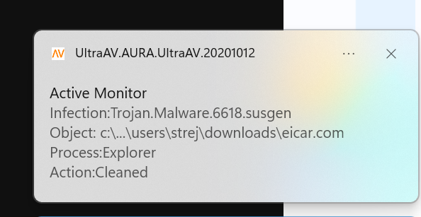 UltraAV pop-up flagging malware test file in our downloads folder