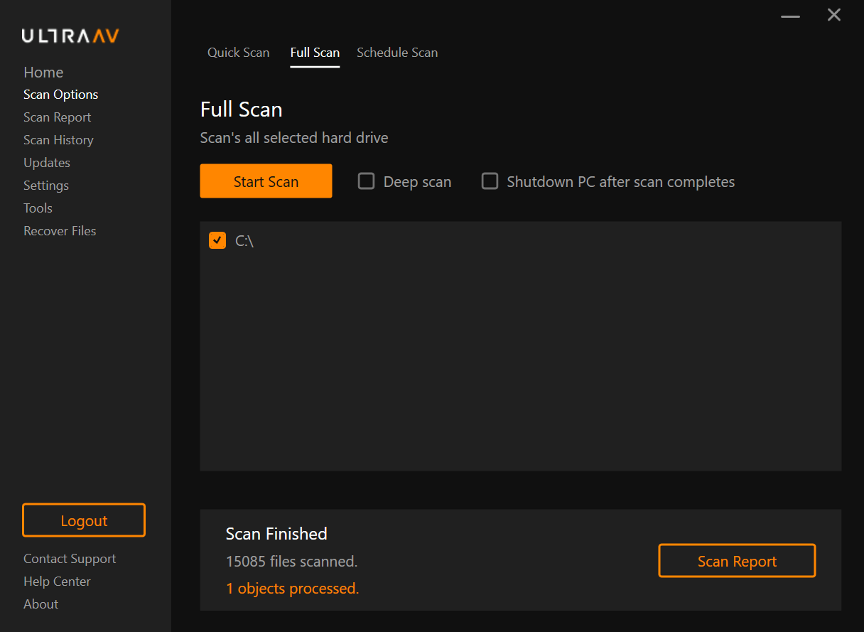 UltraAV scan options tab showing full scan results