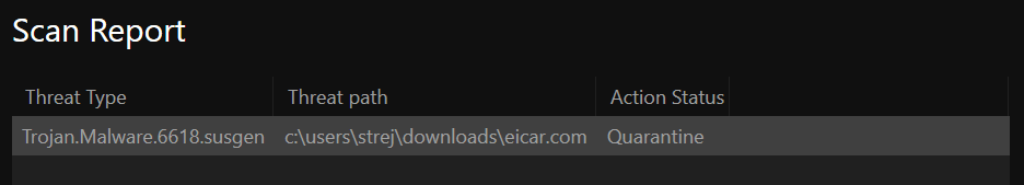 UltraAV scan report listing EICAR file in our downloads folder