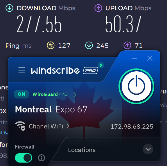Windscribe speed test while connected to Montreal server