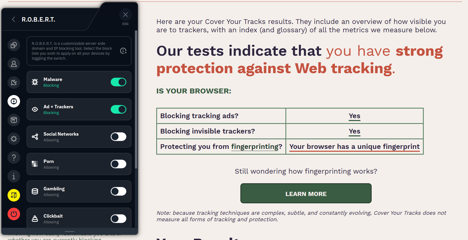 Windscribe Cover Your Tracks test Oct 2025
