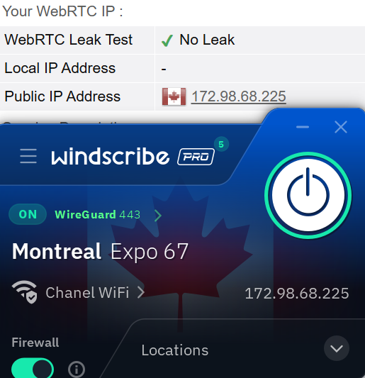 Windscribe passing WebRTC leak test