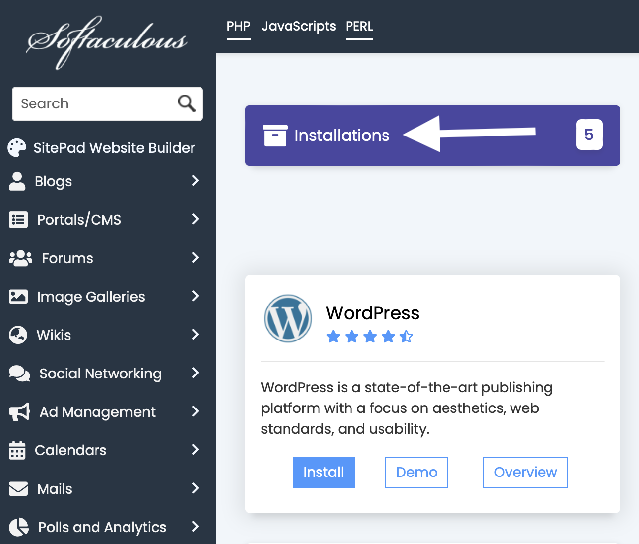 Wordpress installations from main softcalous page