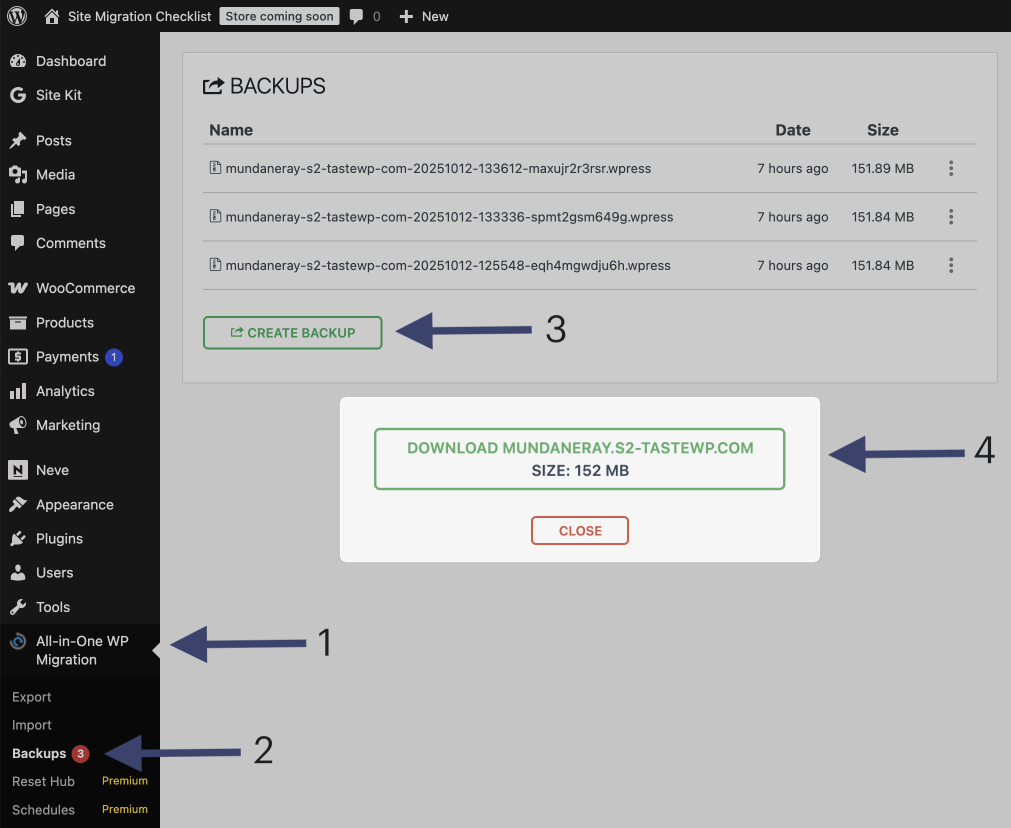 Download backup with all in one migration plugin