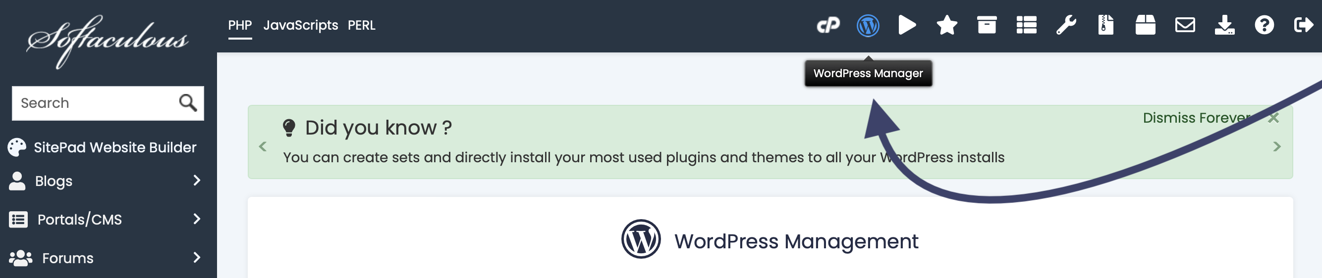 Wordpress manager inside panel