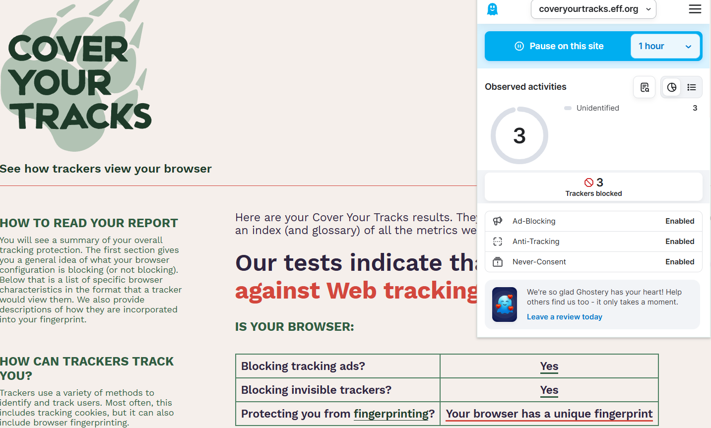 Ghostery's Cover Your Tracks test results (2/3). 