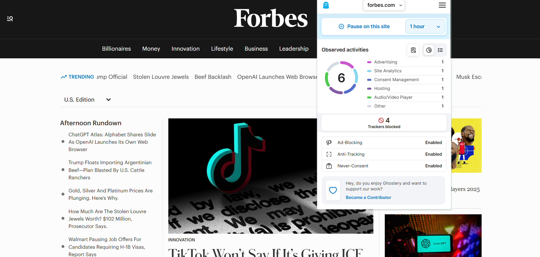 Forbes homepage with Ghostery extension open in the foreground