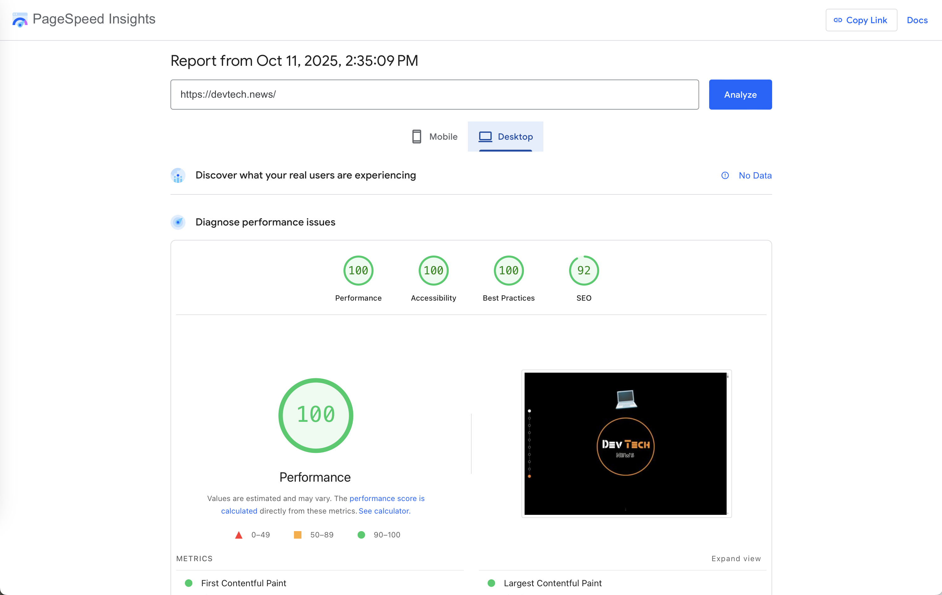 Google page speed insights report