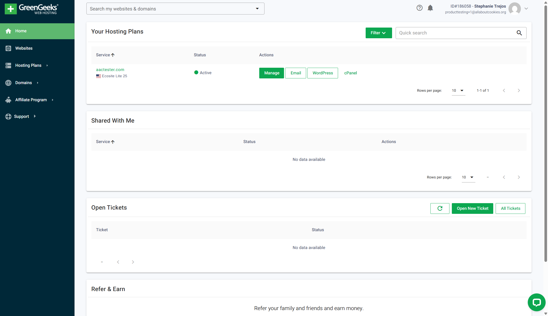 GreenGeeks dashboard