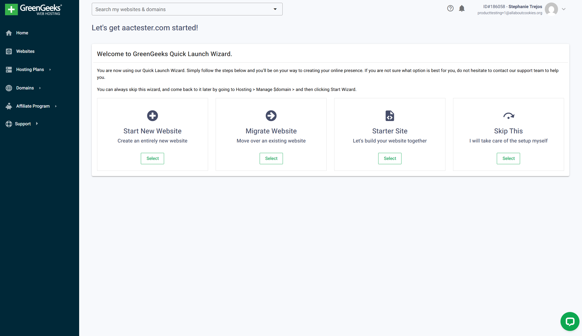 GreenGeeks setup wizard