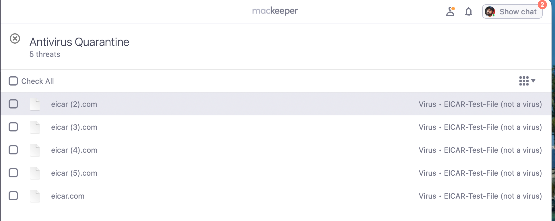 MacKeeper quarantine showing list of EICAR files