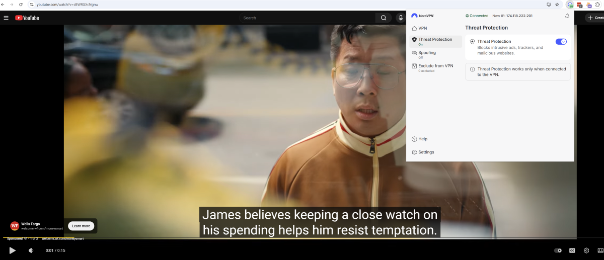 NordVPN Threat Protection YouTube test