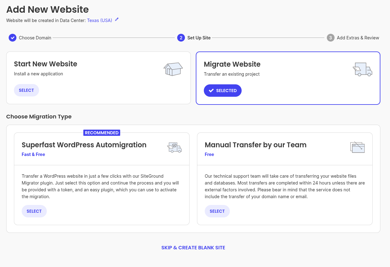SiteGround setup migration