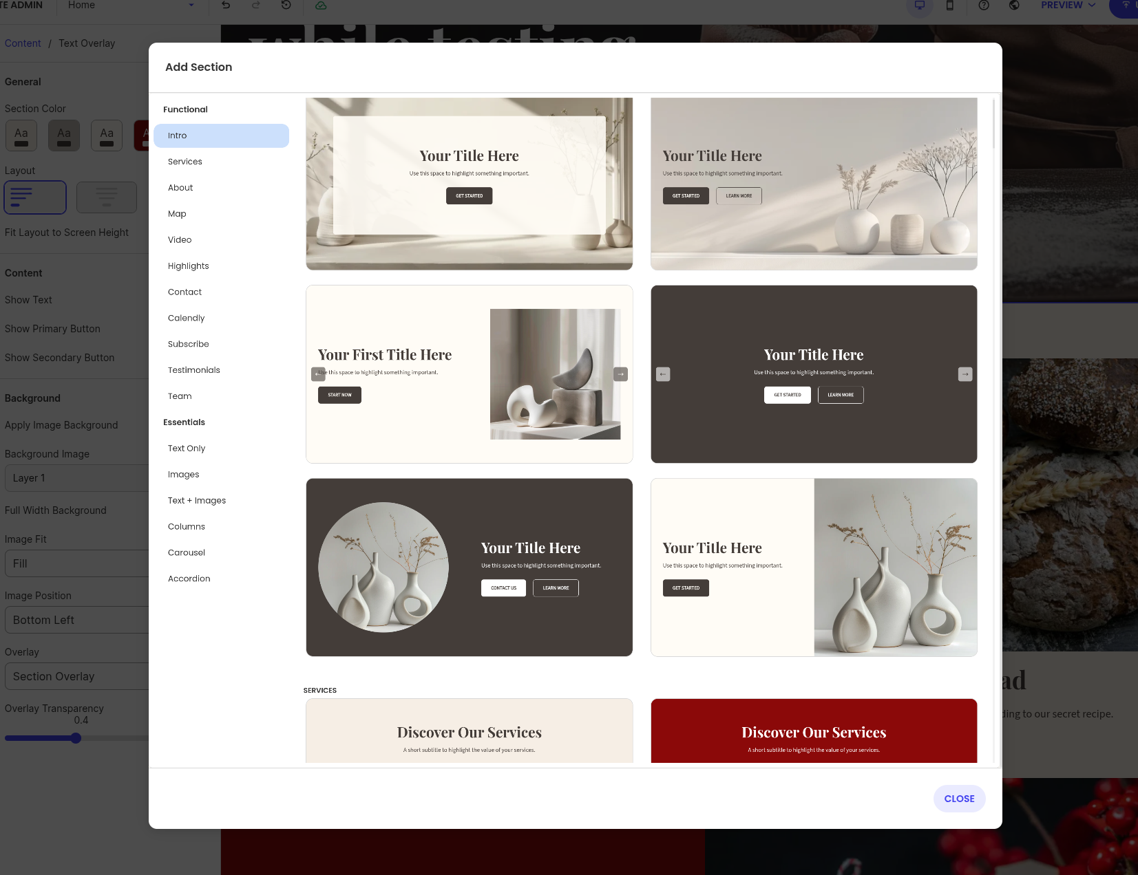 SiteGround site builder element picker