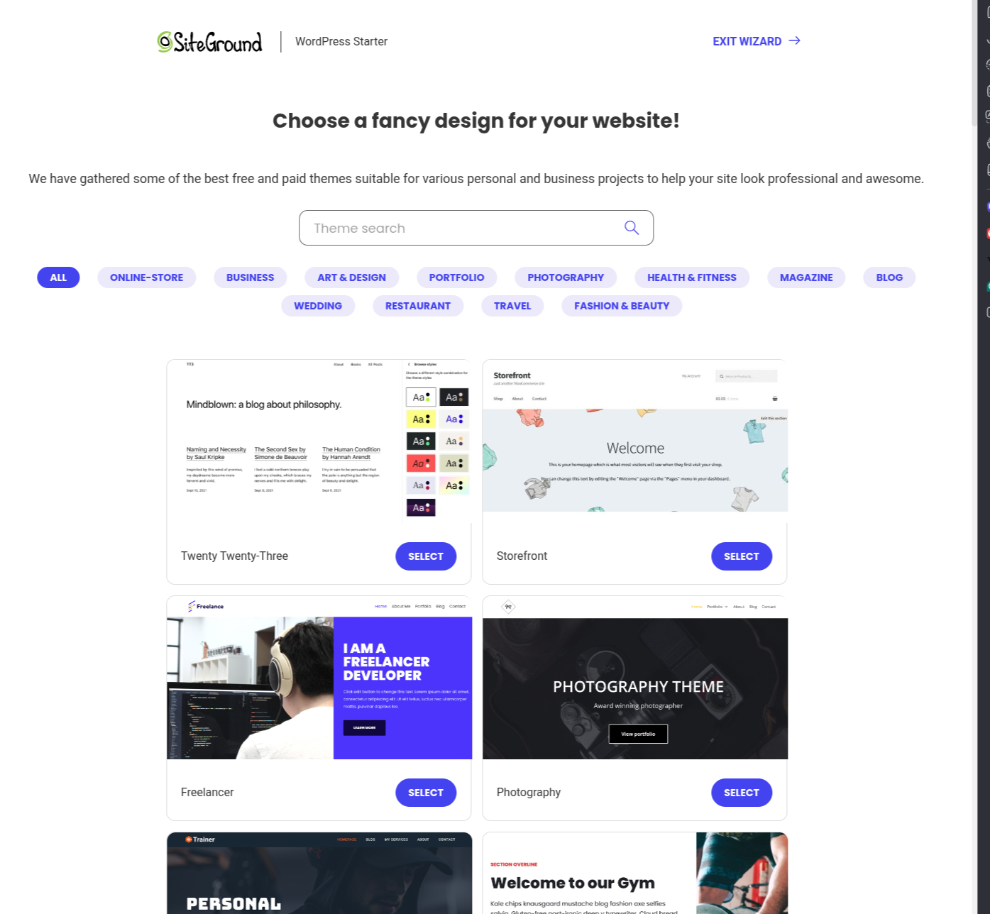 SiteGround wordpress theme picker