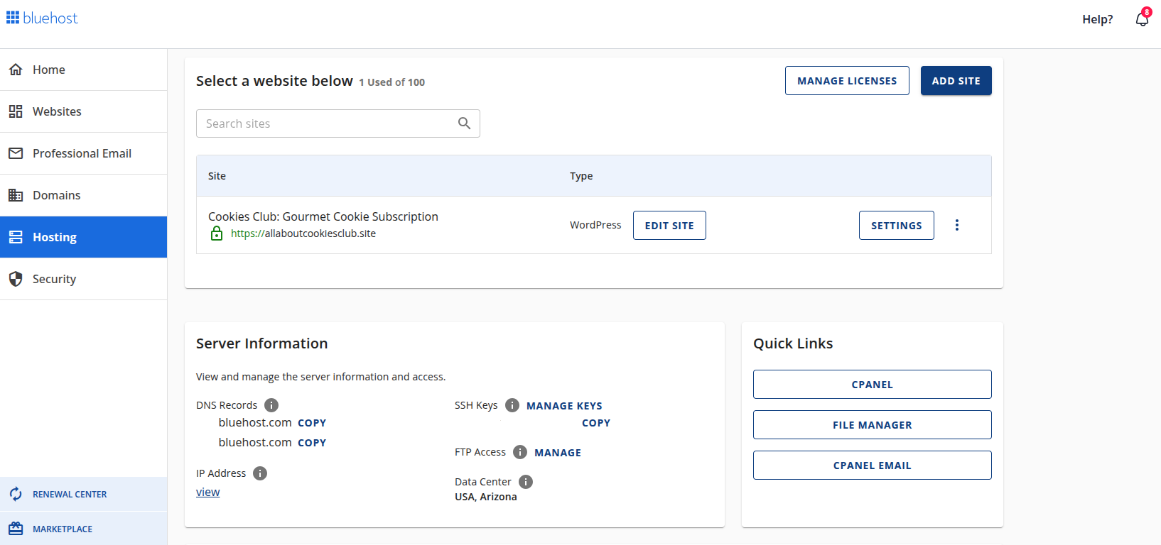 Bluehost hosting page