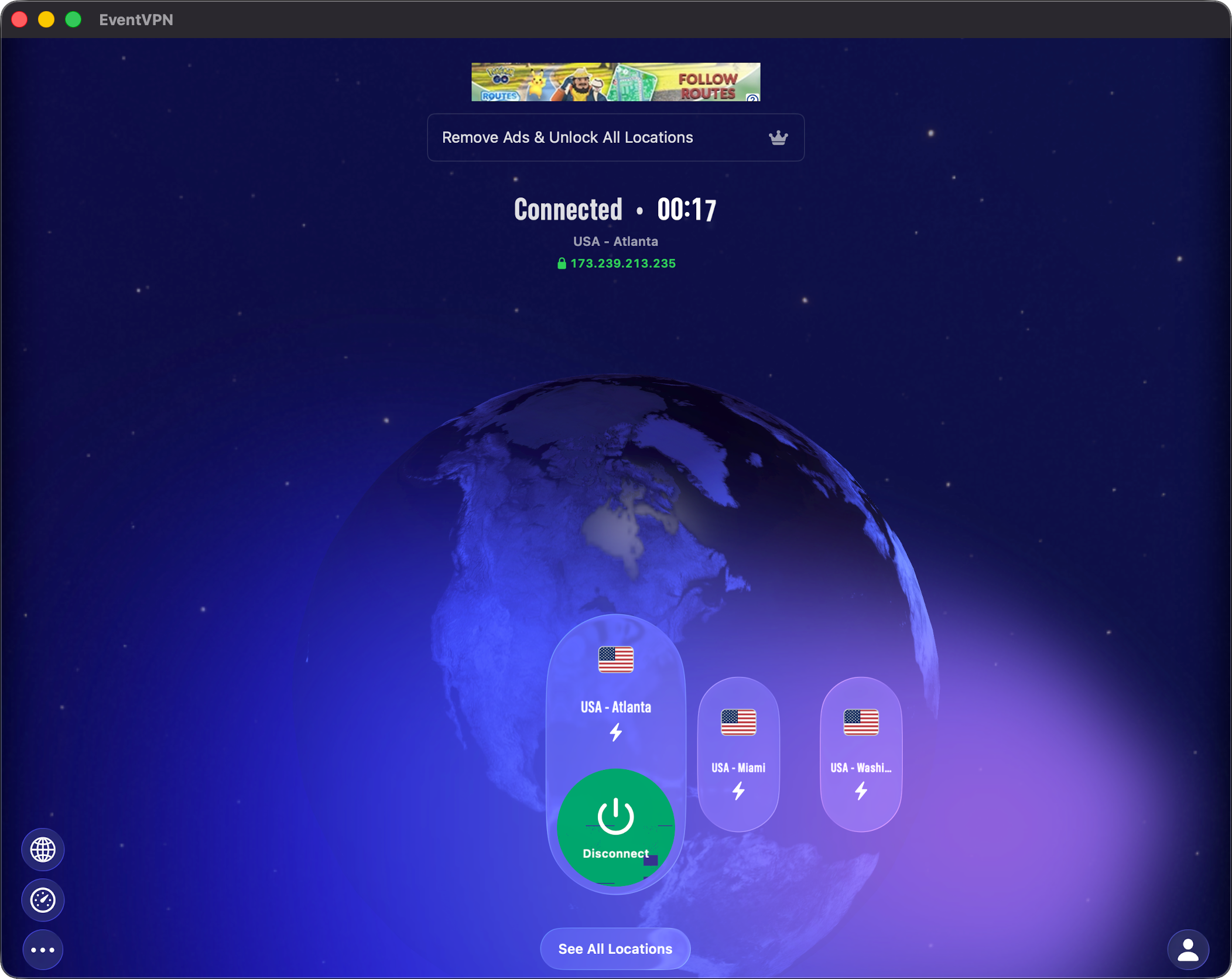 Main screen of EventVPN app