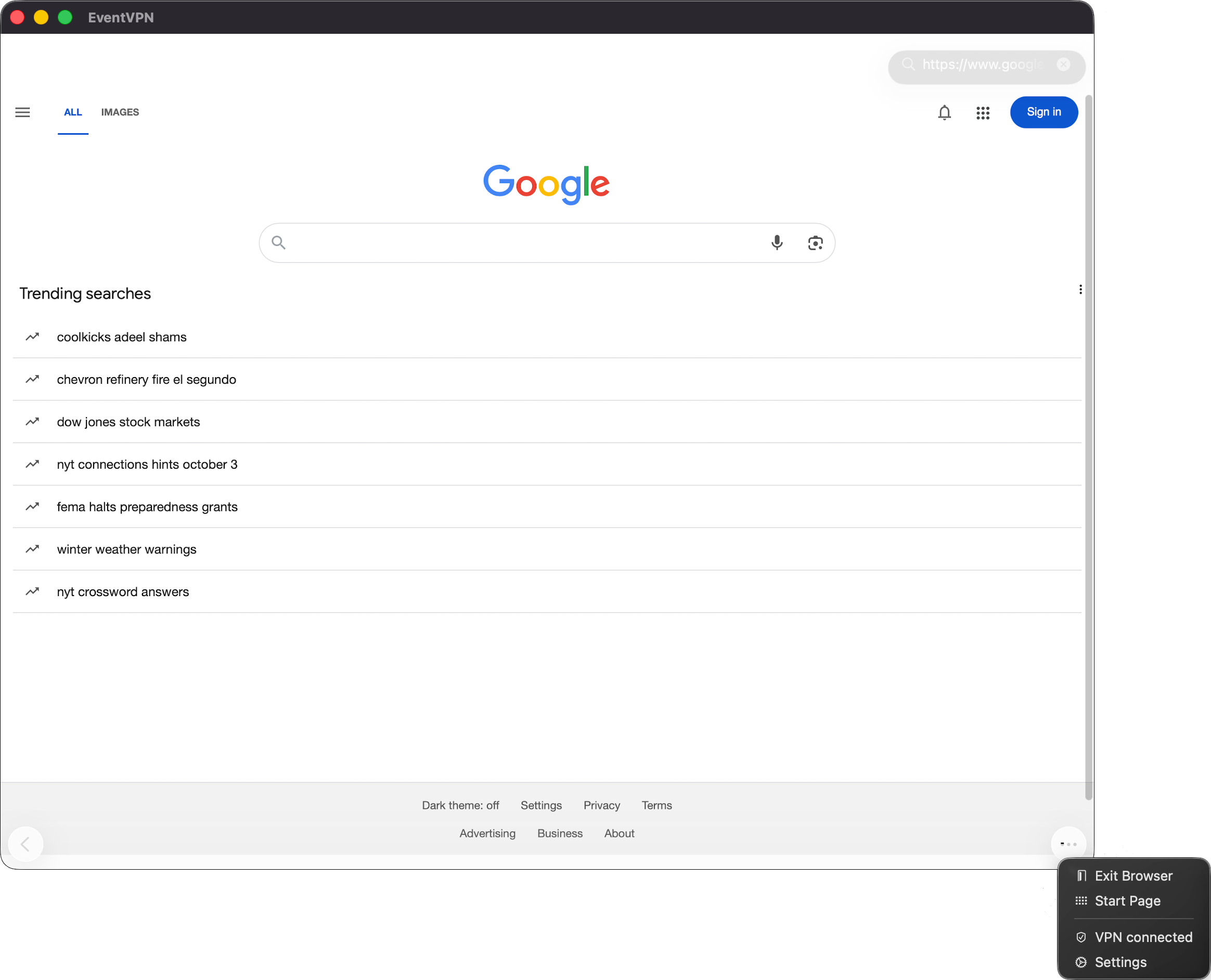 EventVPN private browsing on Google