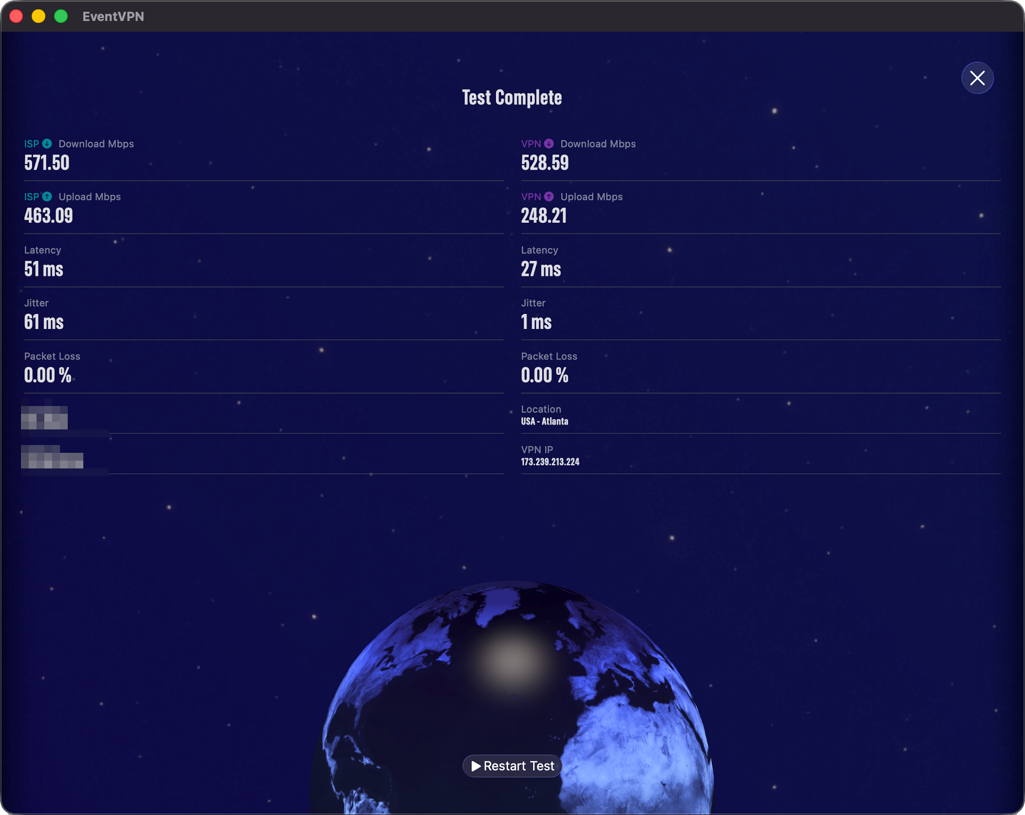 EventVPN built-in speed test results