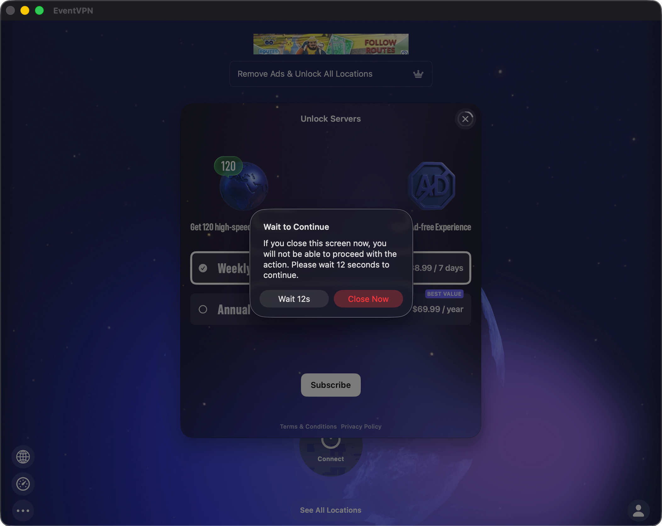 EventVPN trying to upsell paid plan