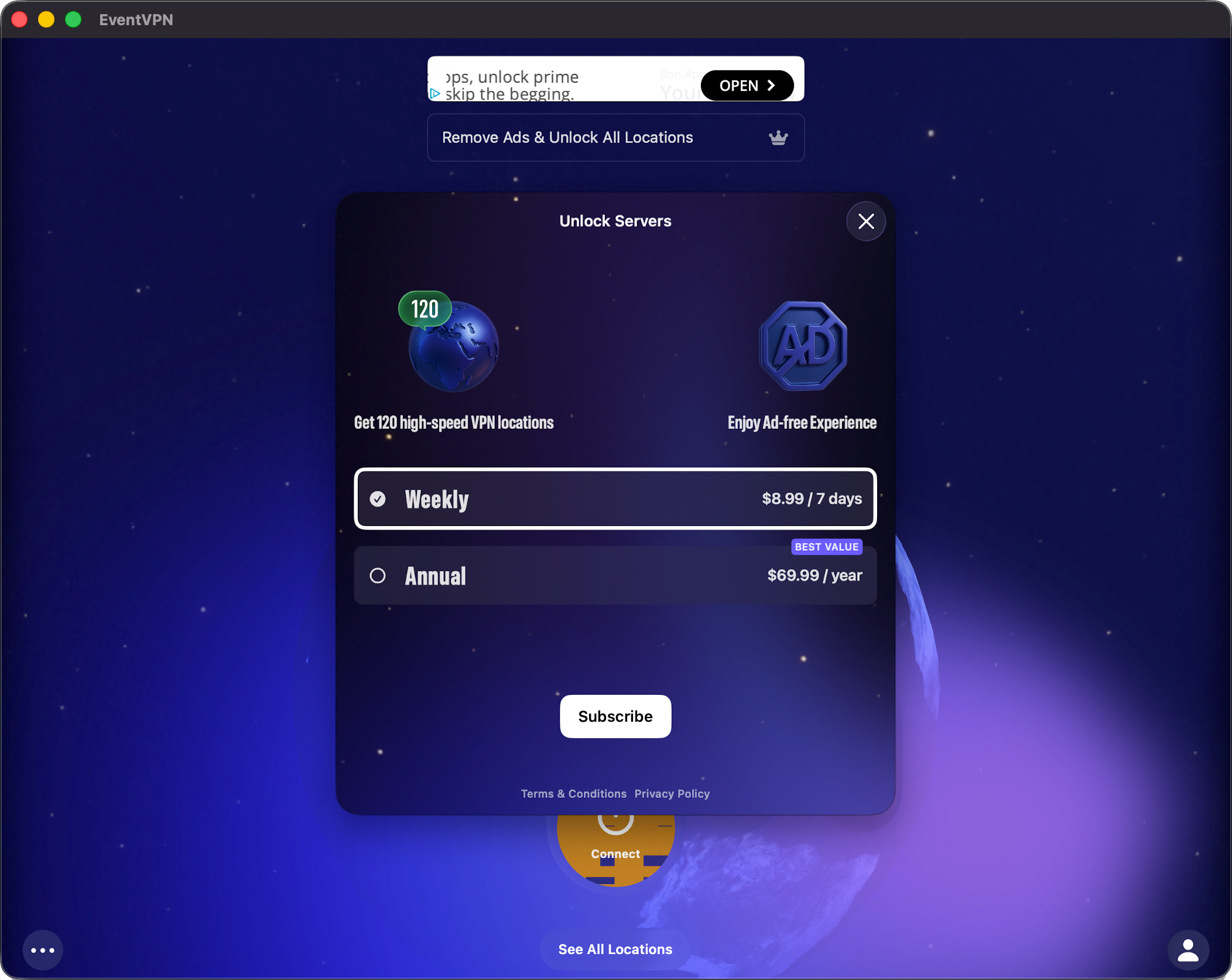 EventVPN price upgrade screen