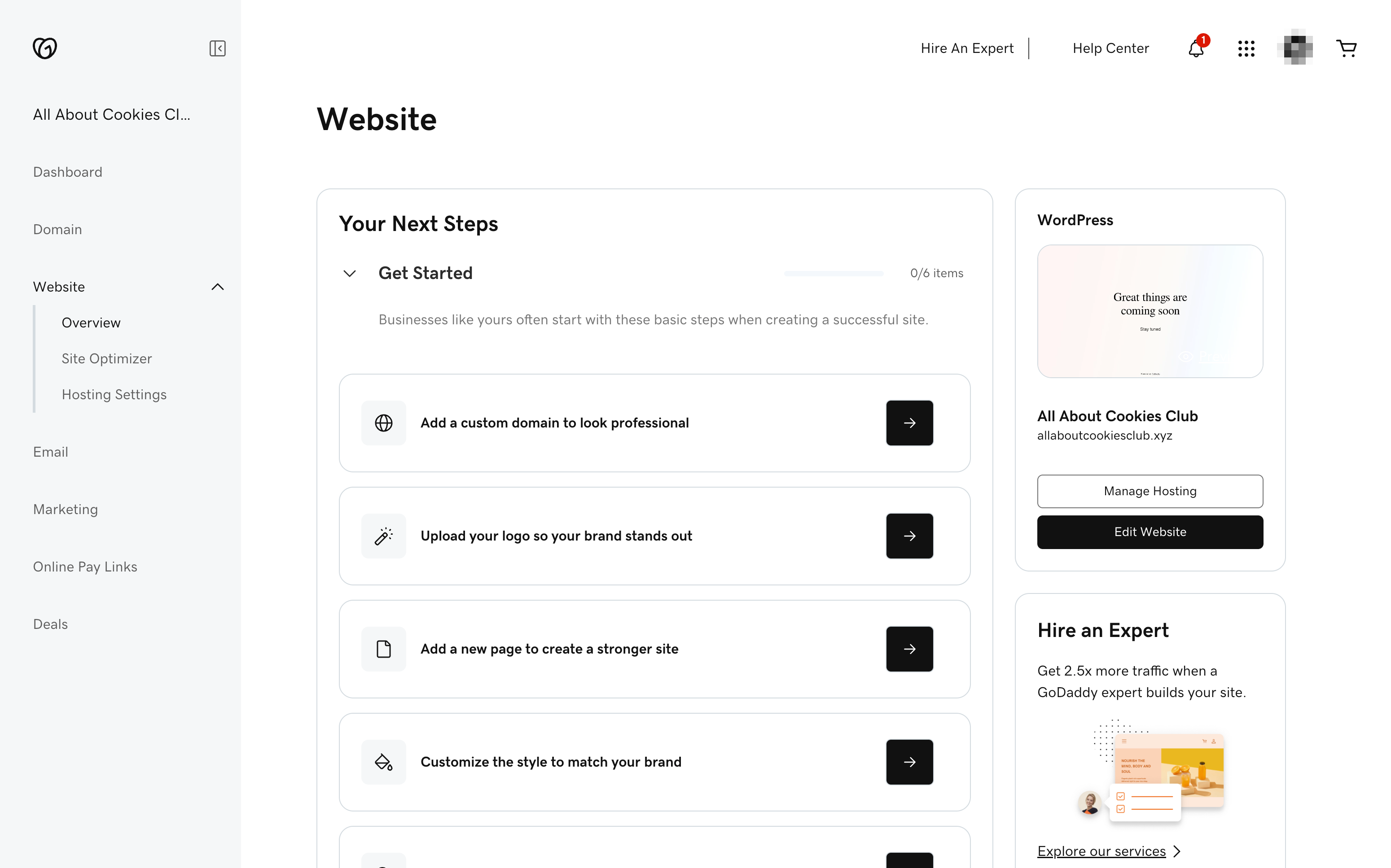 GoDaddy settings overview