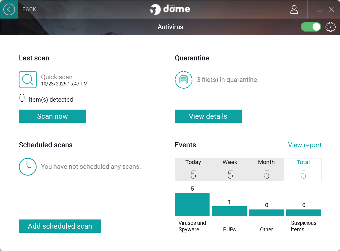 Panda Dome antivirus dashboard