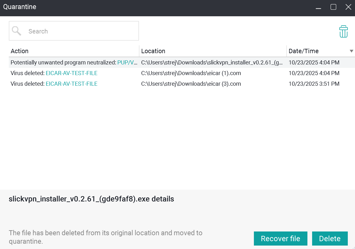 Panda Dome quarantine tab with two EICAR files