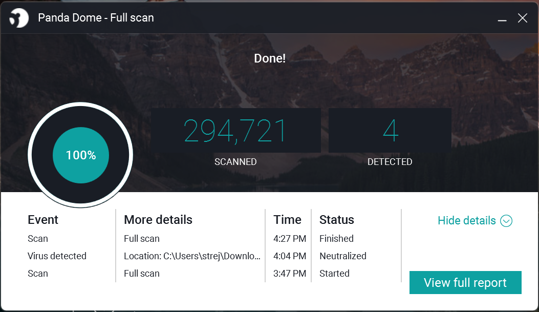 Panda Dome full scan results (294,721 files scanned, 4 threats detected)