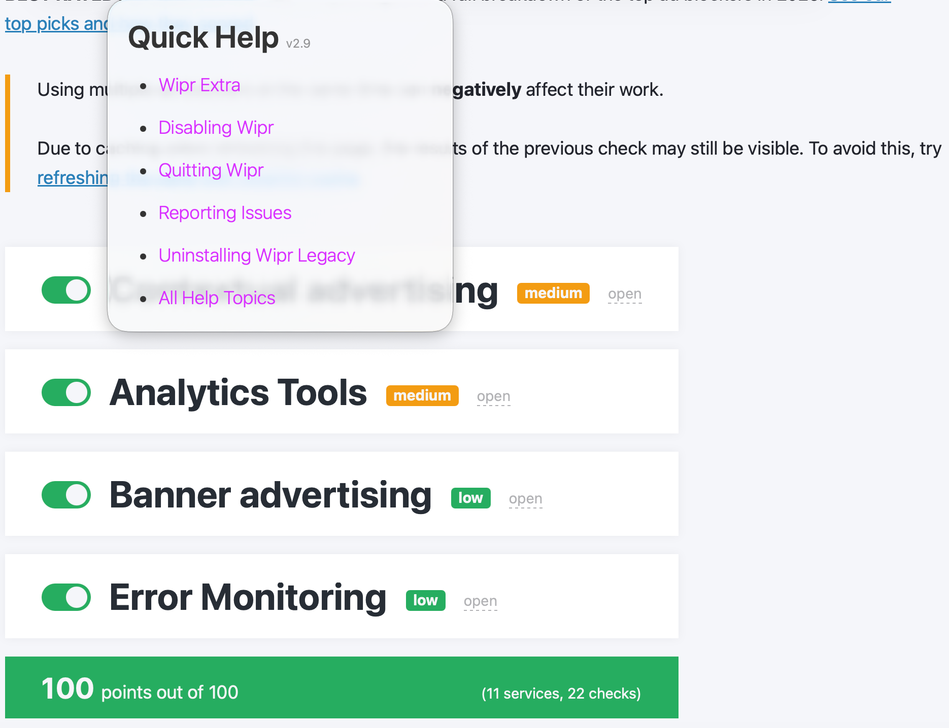 Wipr's AdBlock Tester test results (100/100)