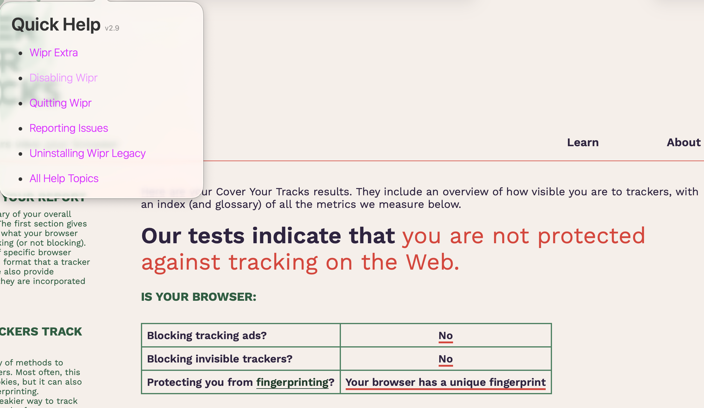 Wipr's Cover Your Tracks test results (0/3)