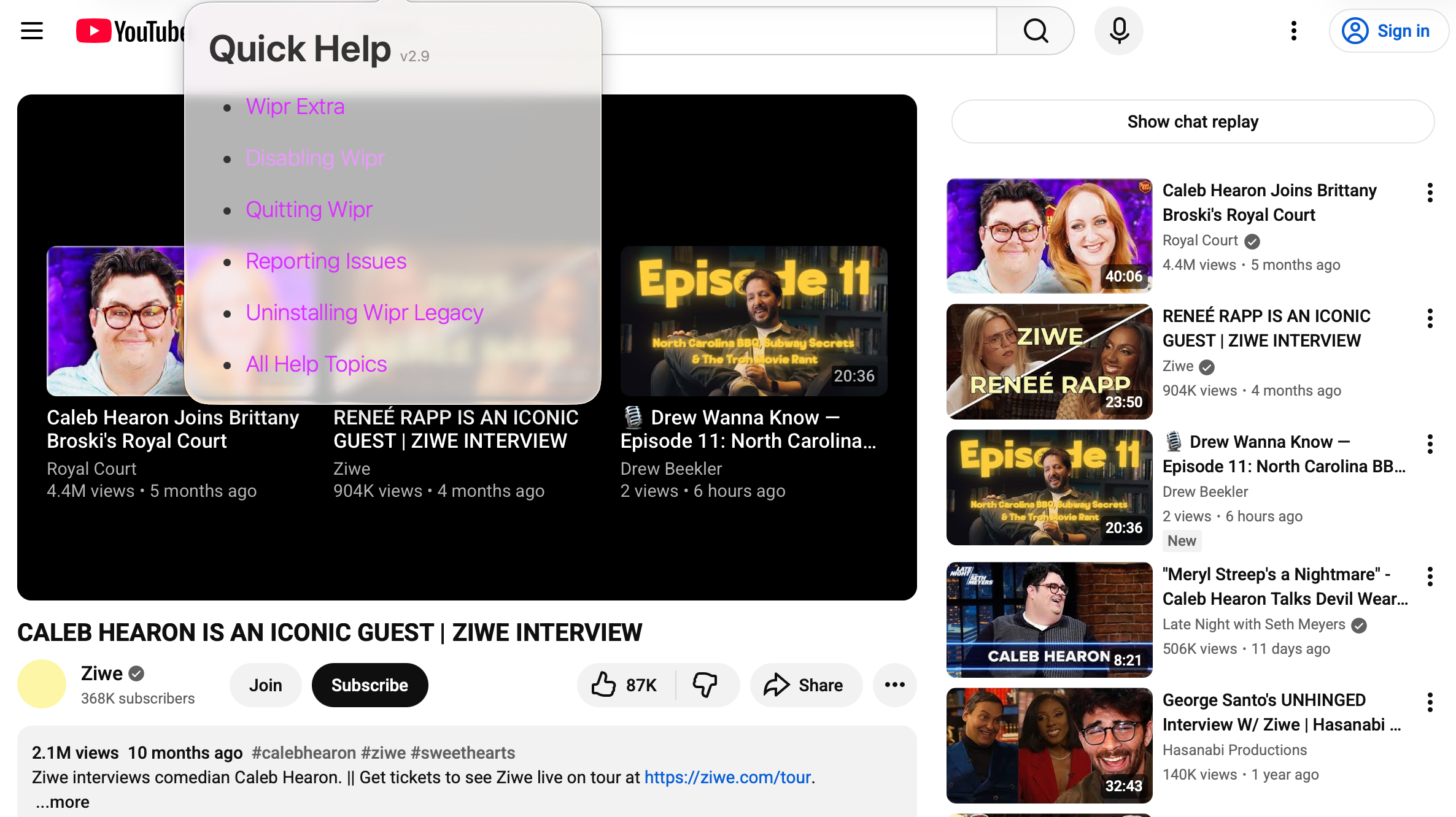 End of a YouTube video with Wipr extension open in the foreground