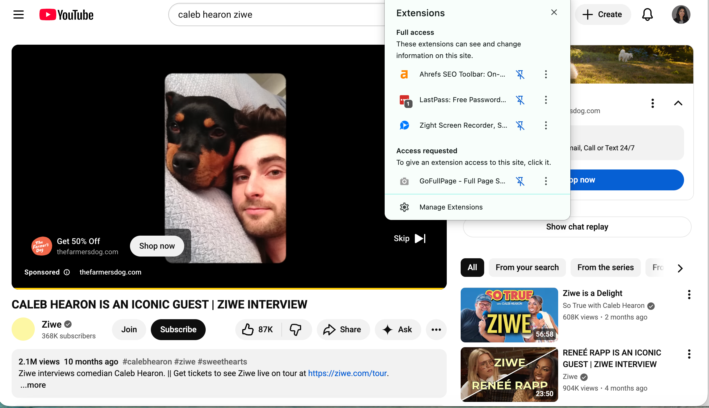 A YouTube video ad playing on Chrome with list of extensions open (no ad blocker)