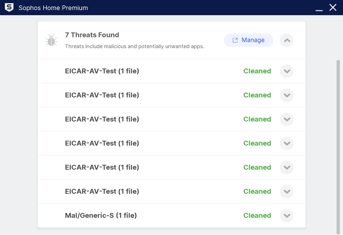 Sophos full scan results (7 threats found)