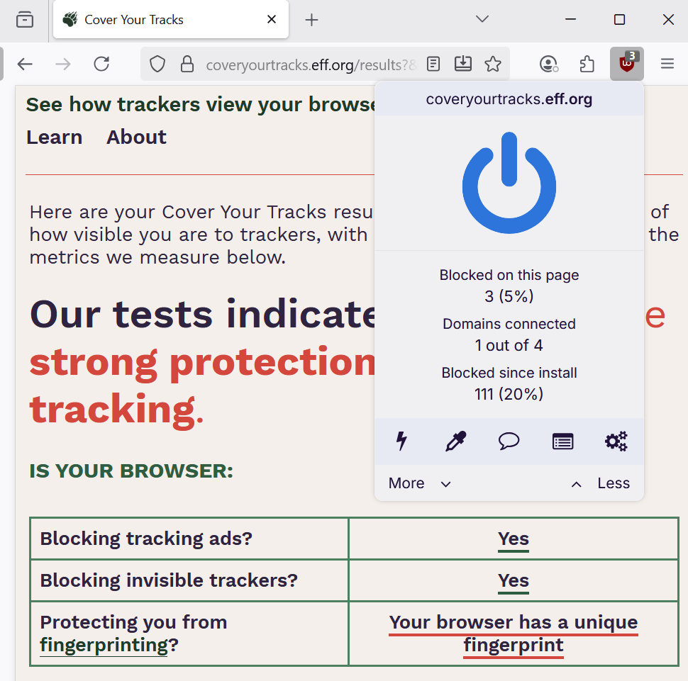 uBlock Origin Cover Your Tracks Test Oct 2025