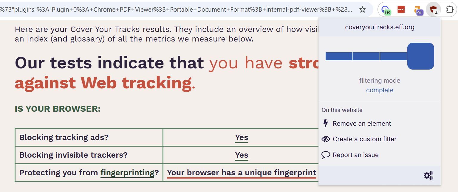 uBlock Origin Lite cover your tracks score oct 2025