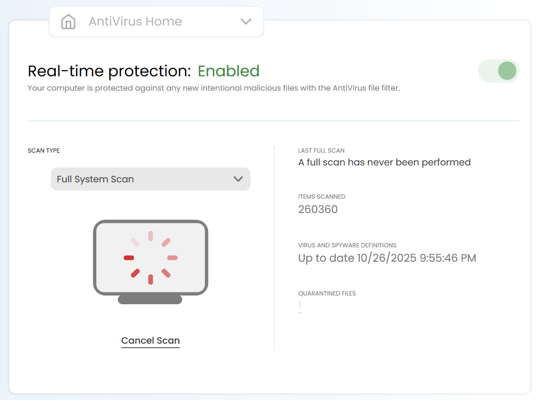 iolo antivirus full scan stuck at 260,360 files.