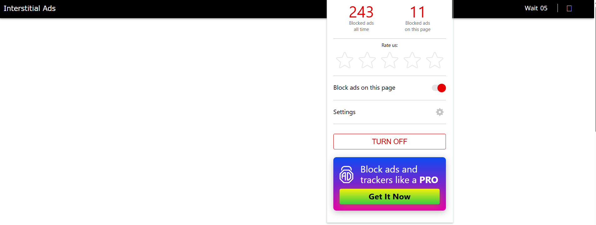 An interstitial ad with AdLock extension open
