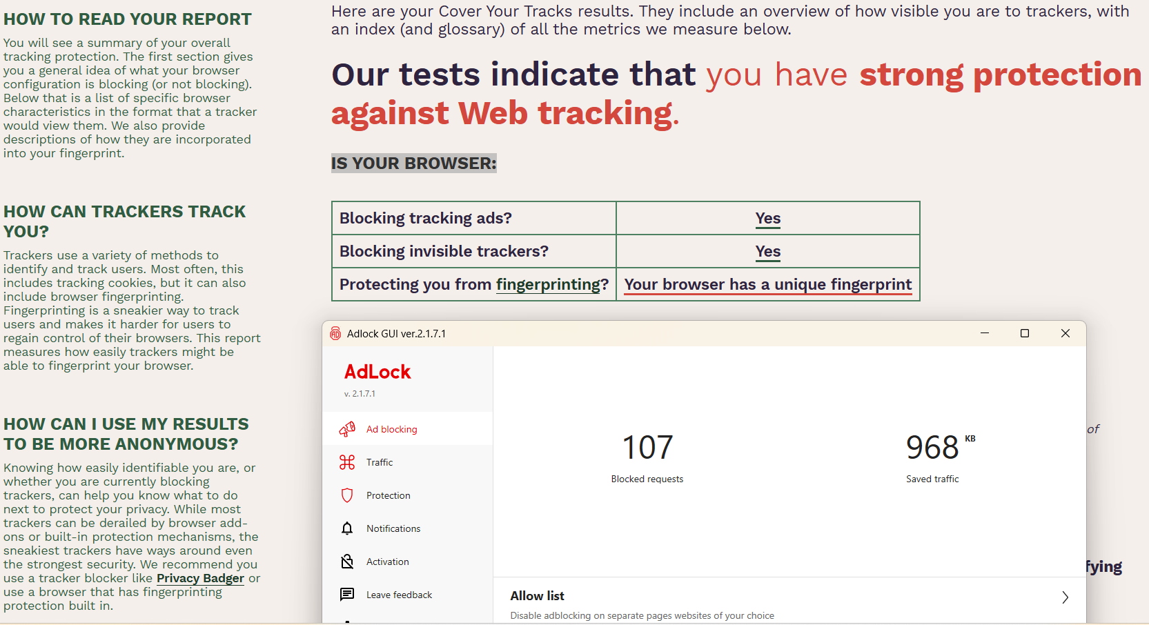 AdLock's Cover Your Tracks test results (2/3).