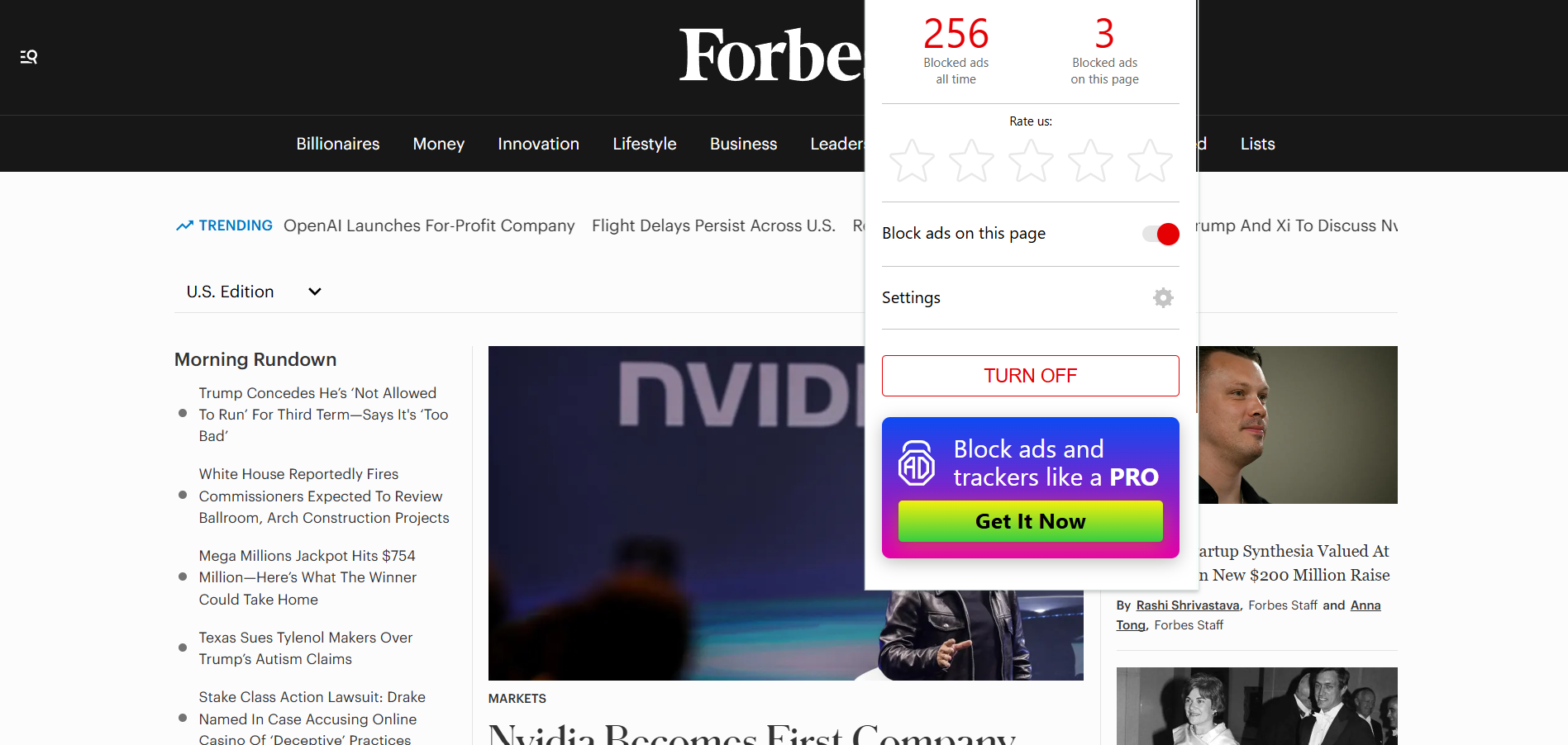 Forbes homepage with AdLock extension open 