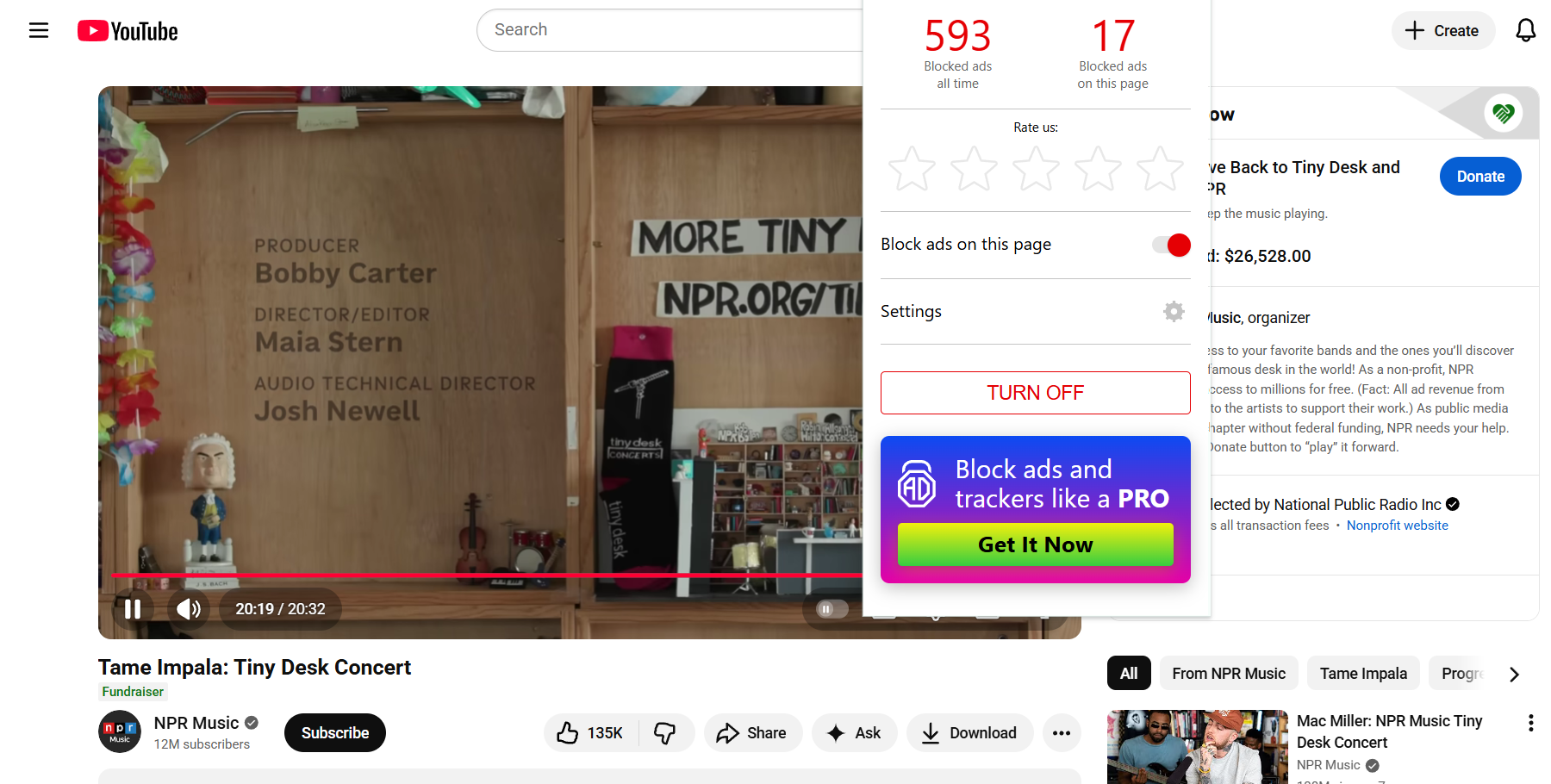 End of a YouTube video with Adlock extension open in the foreground