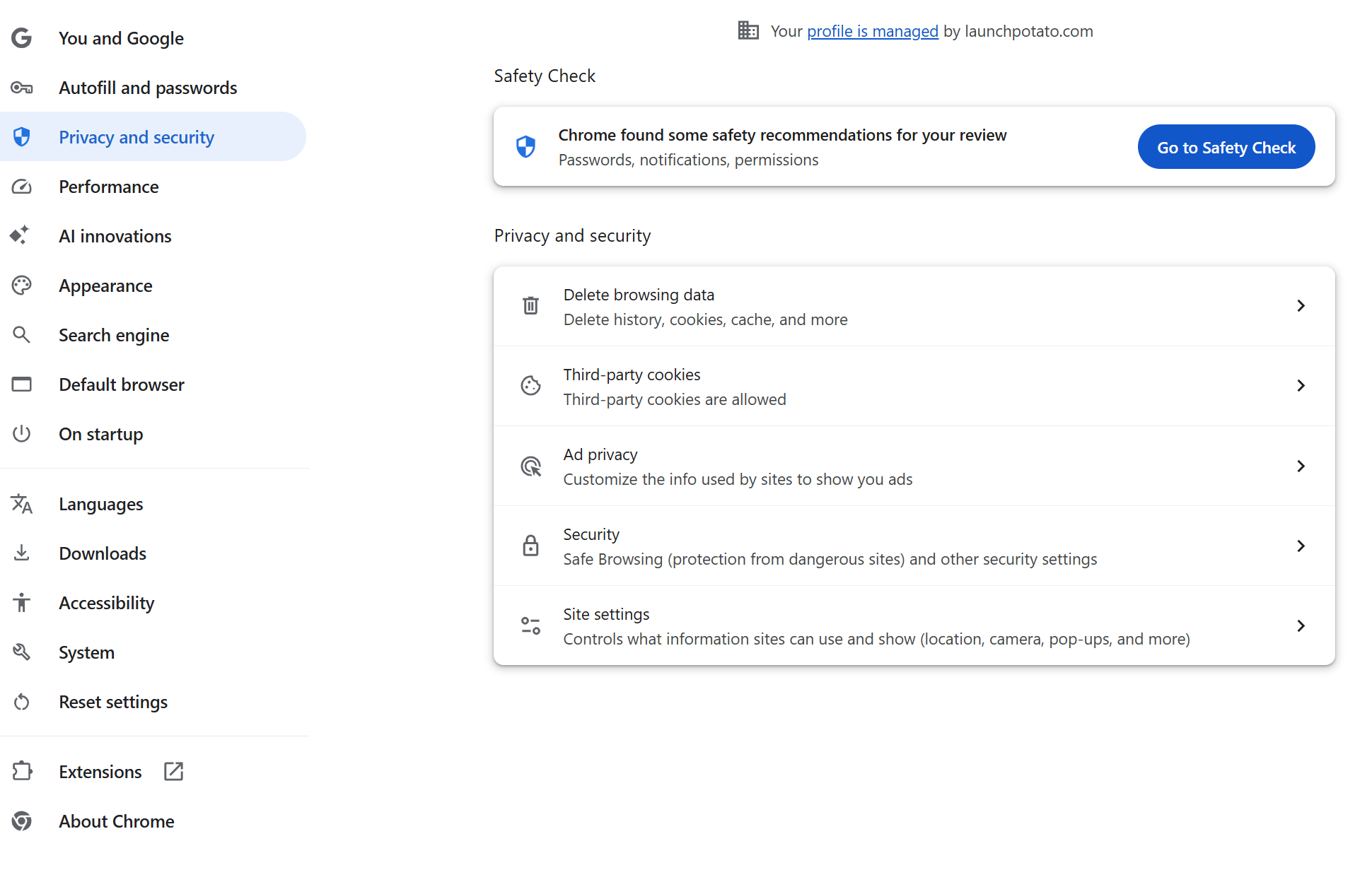 Google Chrome Privacy and Security section
